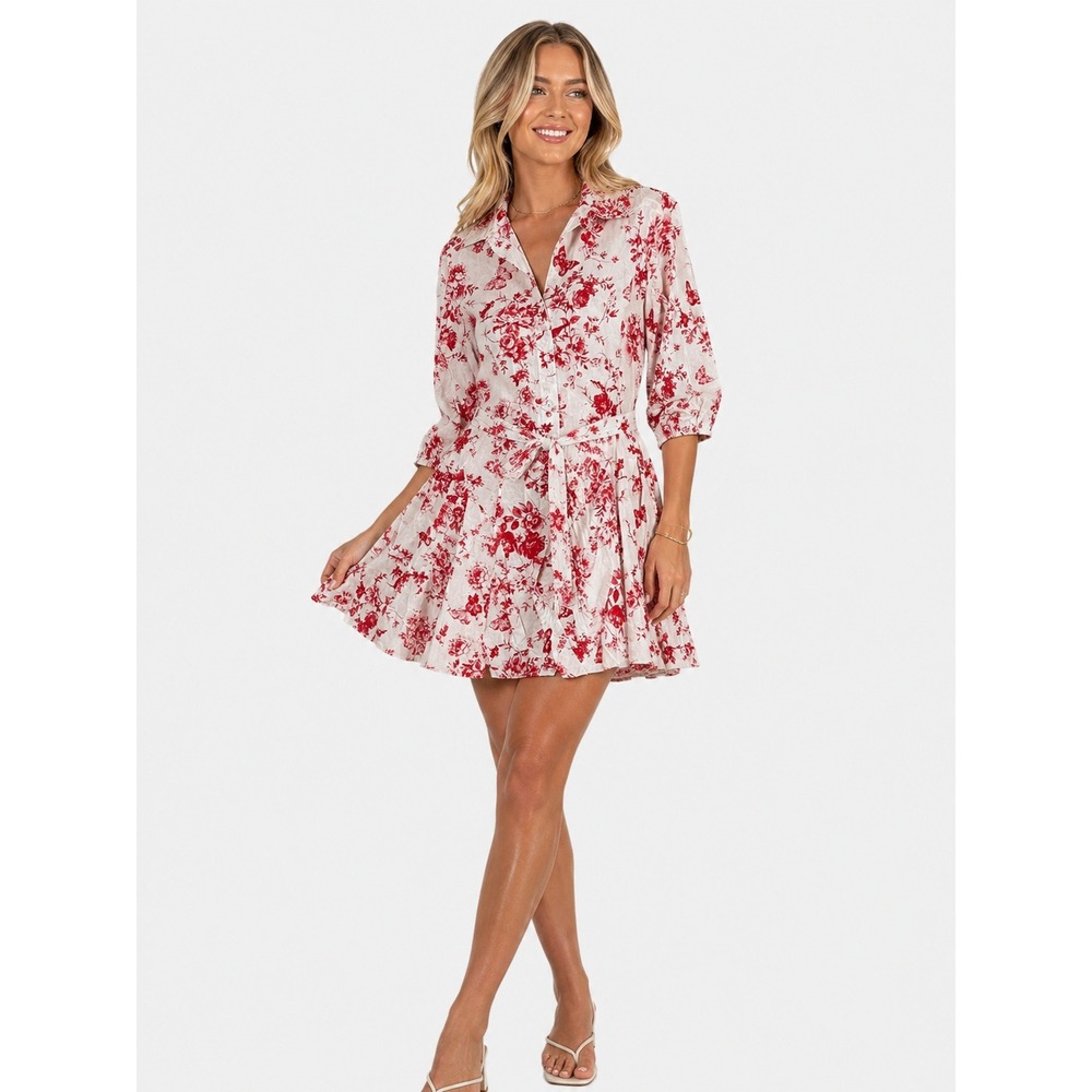 Cynthia Steffe 100% Cotton Red White Floral Butterfly Shirt Dress S NWOT NEW